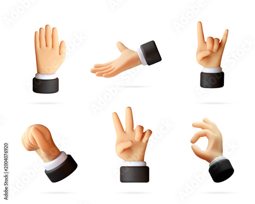 Set of 3d human hand icons with different gestures. Businessman hands showing signals for communication. Cartoon character hands in suit sleeves for business presentation. Vector illustration