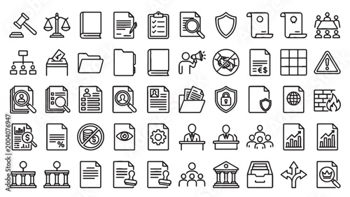 Bild auf Leinwand Legal compliance and document management outline icon collection for law firm ap