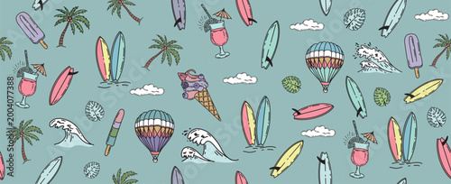 Hello Summer, pattern with surfboard, palm tree and wave, hand drawn illustration.	
