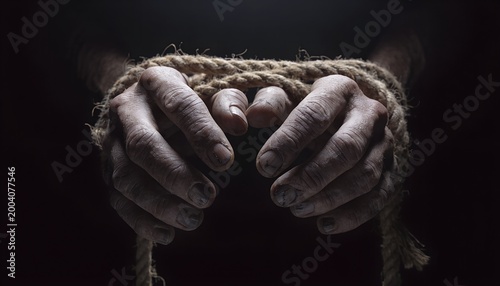 Hands tightly wrapped with rope in a dark setting symbolize captivity, struggle, restriction, oppression, and the desire for freedom.