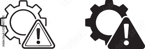 Warning gear icon set showing broken process system error and operational failure symbol design