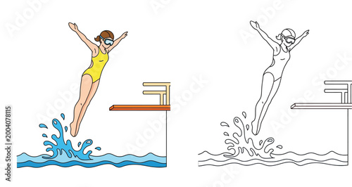 Female diver jumping off springboard into water splash, color and outline line art vector illustration for coloring book.