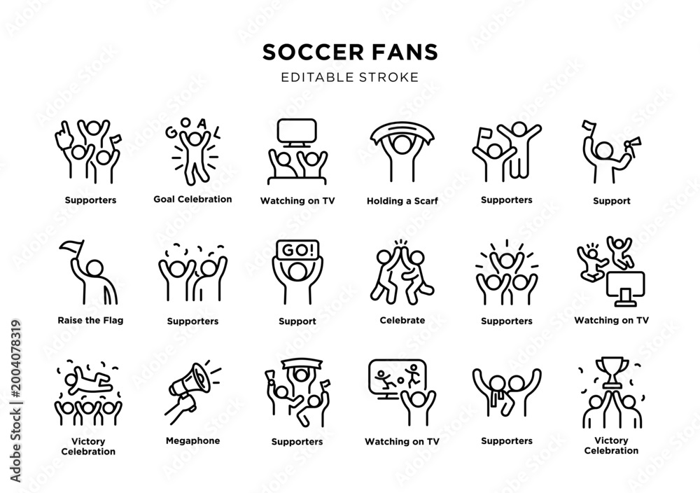 Fototapeta premium Soccer fans line icon set with supporters cheering and celebrating