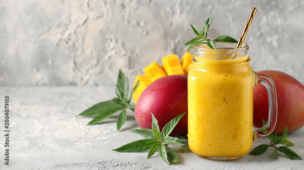 Fototapeta premium A refreshing mango smoothie in a glass jar with fresh mangoes and leaves on a textured surface