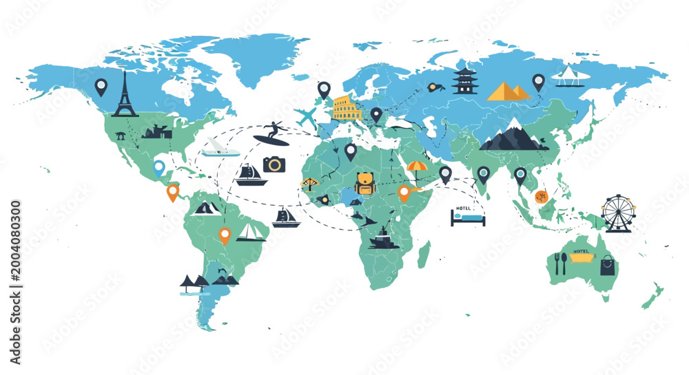 Naklejka premium World Map, Travel Icons, Global Landmarks, Illustrative Map isolated on White Background