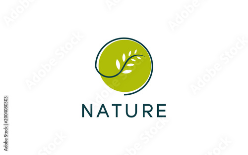 Green circle holds leaf design. Word "NATURE" below, simple and bold. Minimalist, clean, modern look. Ideal for eco-themed projects. Suggests growth, balance, and care