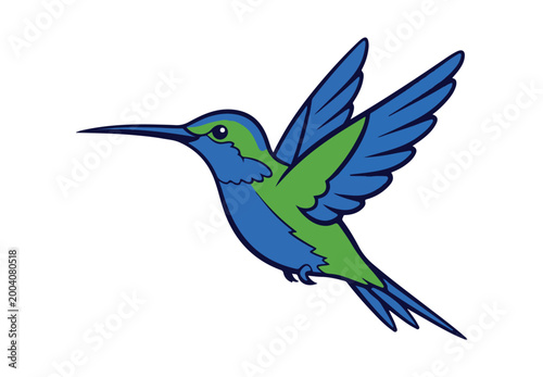 A simple cartoon depiction of a hummingbird. This blue and green colibri bird is shown in isolation as a vector clip art illustration.