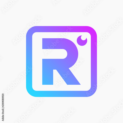 Gradient square frames bold letter "R". Soft purple to blue color transitions blend harmoniously. Tiny curved mark adds playful design detail. Modern. Versatile for creative projects needing clean