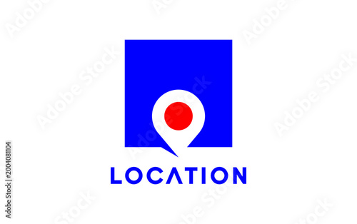 Free Download Blue square holds red pinpoint mark. White background frames simple map marker. Bold letters spell location below symbol. Clear, modern icon for navigation or mapping. Ideal for GPS, travel - GFXLoad