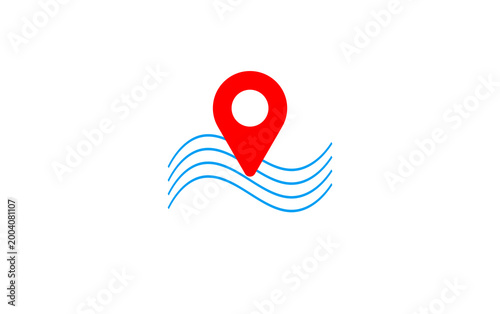 Red pin marks water's surface. Wavy blue lines suggest flowing currents. Minimalist design for digital or print use. Ideal for travel, geography, or location-based apps