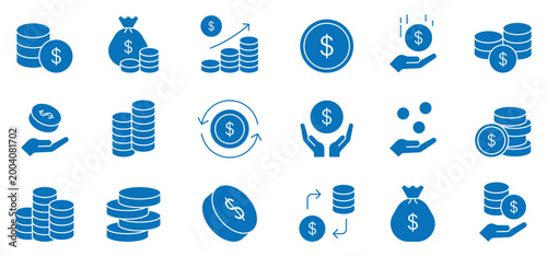 Money coin icon set. Financial growth, dollar currency symbols, wealth accumulation, investment management, banking service, savings bag, budget planning, profit increase, economy concept.
