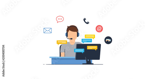 A professional operator wearing a headset works at a computer desk surrounded by various floating communication media icons representing customer support and connectivity.