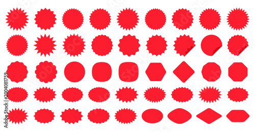 Callout star sticker. Starburst price badge. Burst promo shapes. Set red splash sunburst stamps isolated on white background. Round, cloud retail tag. Simple empty pricetag. Vector Color illustration