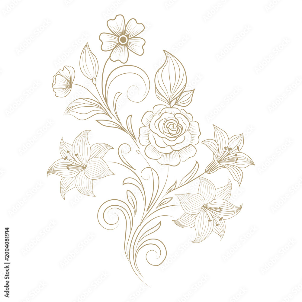 Fototapeta premium Elegant beige floral vector artwork featuring a central rose surrounded by smaller blossoms, buds, and gracefully curved stems. Refined ornamental design with intricate line details, perfect for 