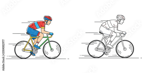 Flat vector illustration of a fast cyclist riding a road bike. Color and black-and-white line art versions of a bicycle rider with speed lines.