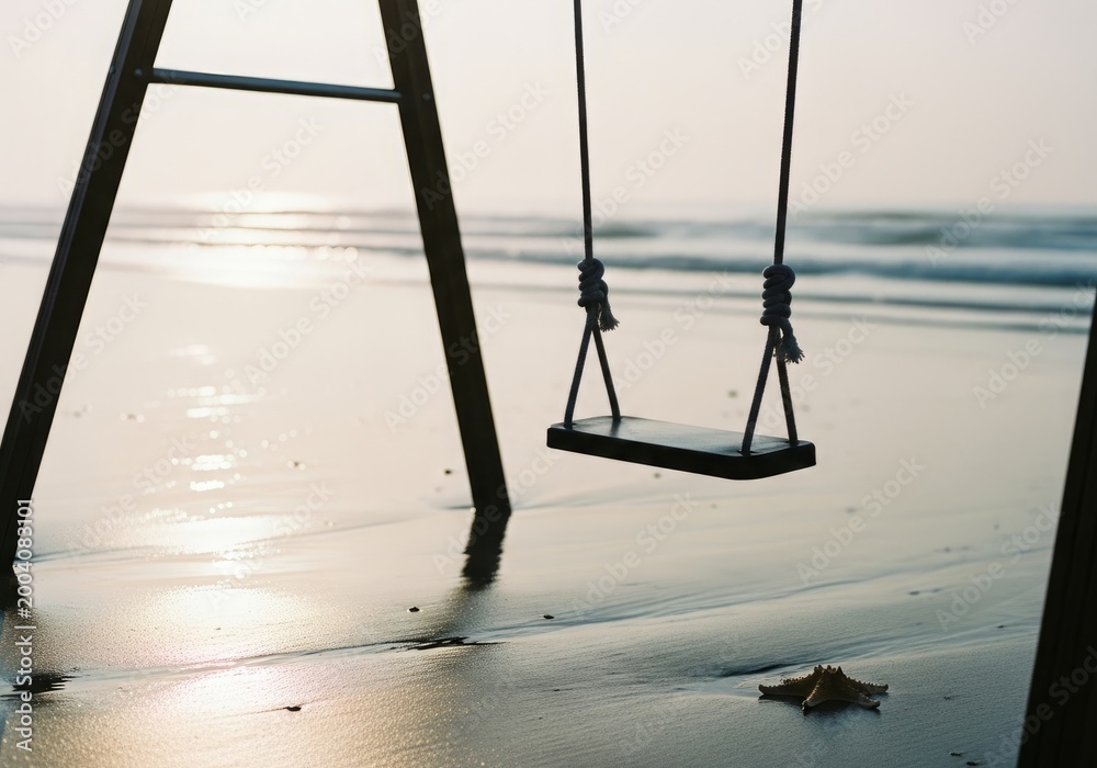 Fototapeta premium Serene beach swing at dawn, evoking childhood memories and peaceful contemplation