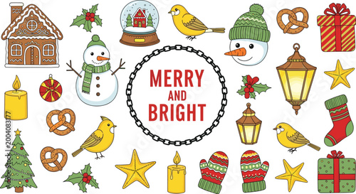 Merry and Bright Christmas Cartoon Vector Set Collection Snowman Gingerbread House Bird Lantern Stocking Isolated on White Background for Festive Holiday Design