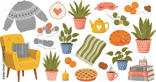 Cute Cozy Home Hygge Vector Set Collection Cartoon Sweater Cat Plants Books Teapot Armchair Isolated on White Background for Autumn Winter Lifestyle Design