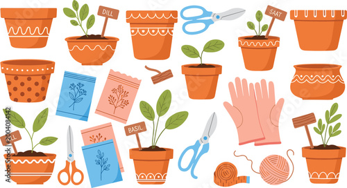 Cute Cartoon Gardening Vector Set Collection Clay Pots Plants Seeds Scissors Gloves Tools Isolated on White Background for Spring Garden Hobby Design