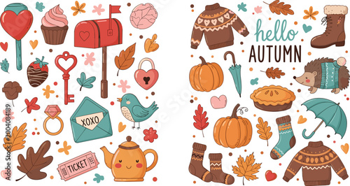 Cute Hello Autumn Fall Vector Set Collection Cartoon Pumpkin Hedgehog Sweater Leaves Cozy Elements Isolated on White Background for Seasonal Greeting Design