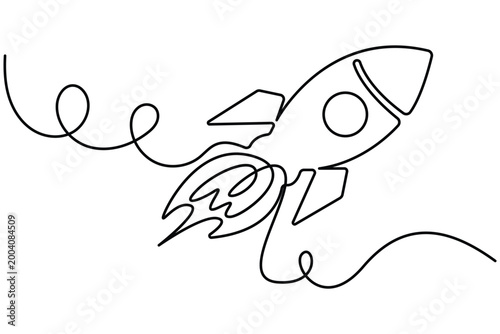 Rocket continuous one line drawing minimalist outline vector illustration isolated,Rocket launch continuous line art.Space rocket continuous one line drawing clean minimalist outline vector.