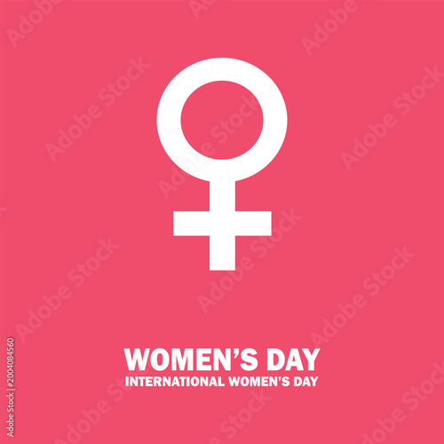 International womens day logo on pink background with white female symbol and text