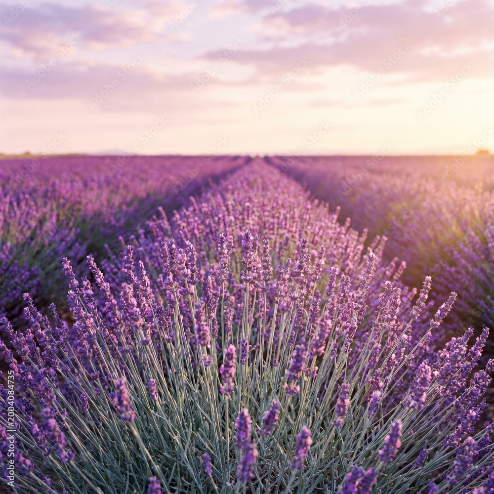 Fototapeta premium Lavender fields at sunset with vibrant purple flowers in bloom 