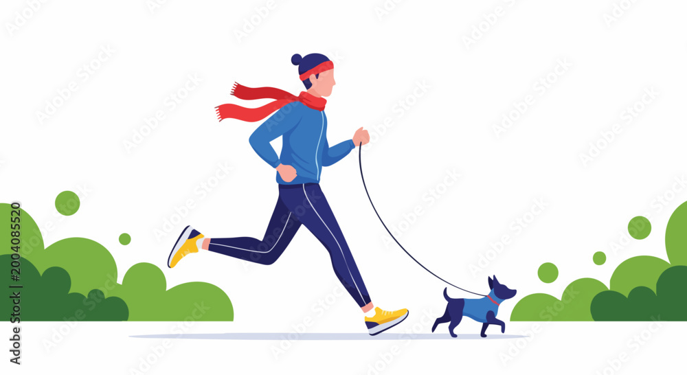 Fototapeta premium Active Man Jogging with Pet Dog Outdoors Healthy Lifestyle Flat Vector Illustration