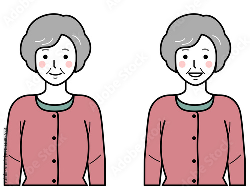 正面向き。腕をおろすカーディガンを着た高齢女性。その2