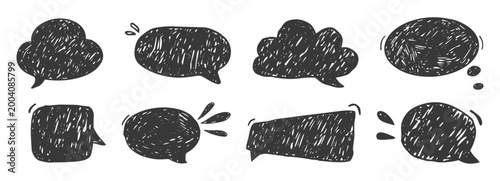 Crayon Speech Bubbles comic scribble talk balloon in sketch style, grunge texture pencil naive doodle conversation message icon
