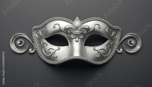 Silver masquerade mask with ornate floral details against a dark gray background