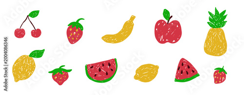 Fruit icons chalk hand drawn doodle set childlike cherry, strawberry crayon texture. Scribble apple, watermelon and lemon grunge simple fruits. Pop art funky cute for children drawing style elements