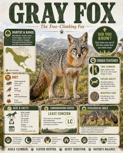Gray fox overview showing habitat, diet, and unique features of tree-climbing abilities in North and Central America
