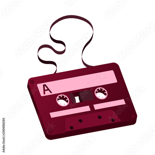 Retro cassette tape with swirling ribbon in burgundy and pink flat vector illustration for music nostalgia and audio recording concept