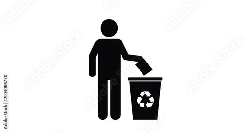 Silhouette of a person discarding waste into a recycling bin with a white background