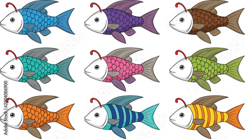 Colorful Cartoon Fish Vector Set Collection Cute Tropical Sea Creatures with Red Antenna Isolated on White Background for Aquatic Nature Design