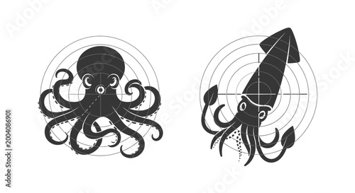 Stylized black octopus and squid illustrations with geometric patterns.