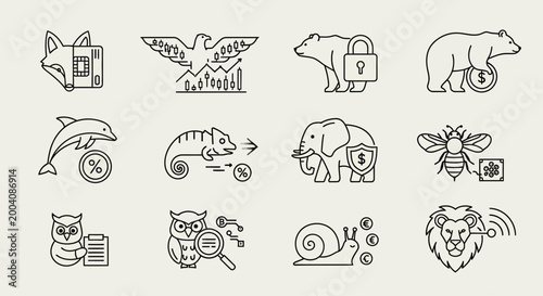 Set of twelve animal-themed financial and business icons.