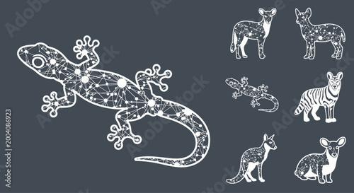 Gecko and other animals in a polygonal style.