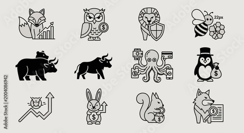 Collection of financial animal icons representing various market trends and investment strategies.