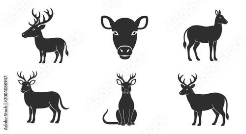 Collection of various deer and bovine animal silhouettes in different poses.