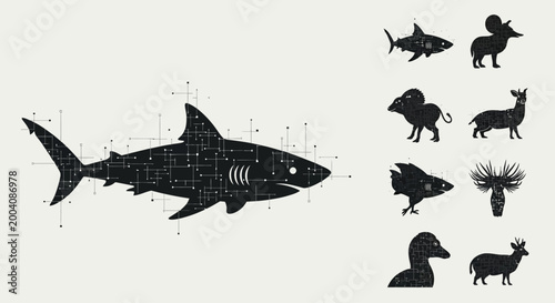 Shark silhouette with distressed texture on a light background.