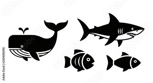 Black and white silhouette of various sea creatures.