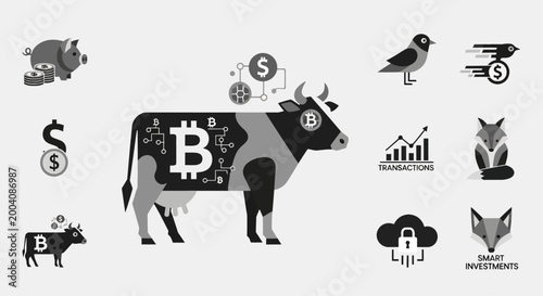 Cryptocurrency cow with Bitcoin symbol and financial icons.