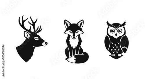 Deer fox and owl black and white animal silhouettes.