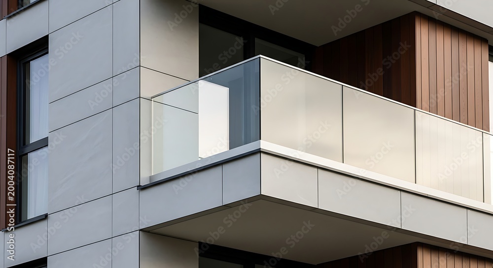 Fototapeta premium Modern apartment building exterior with glass balcony and wooden facade details
