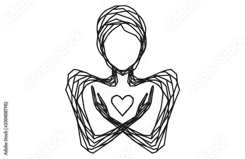 Abstract line drawing of a woman holding a heart symbol near her chest. Concept of self love, empathy, mental healing and mindfulness. Minimalist illustration for psychology therapy.