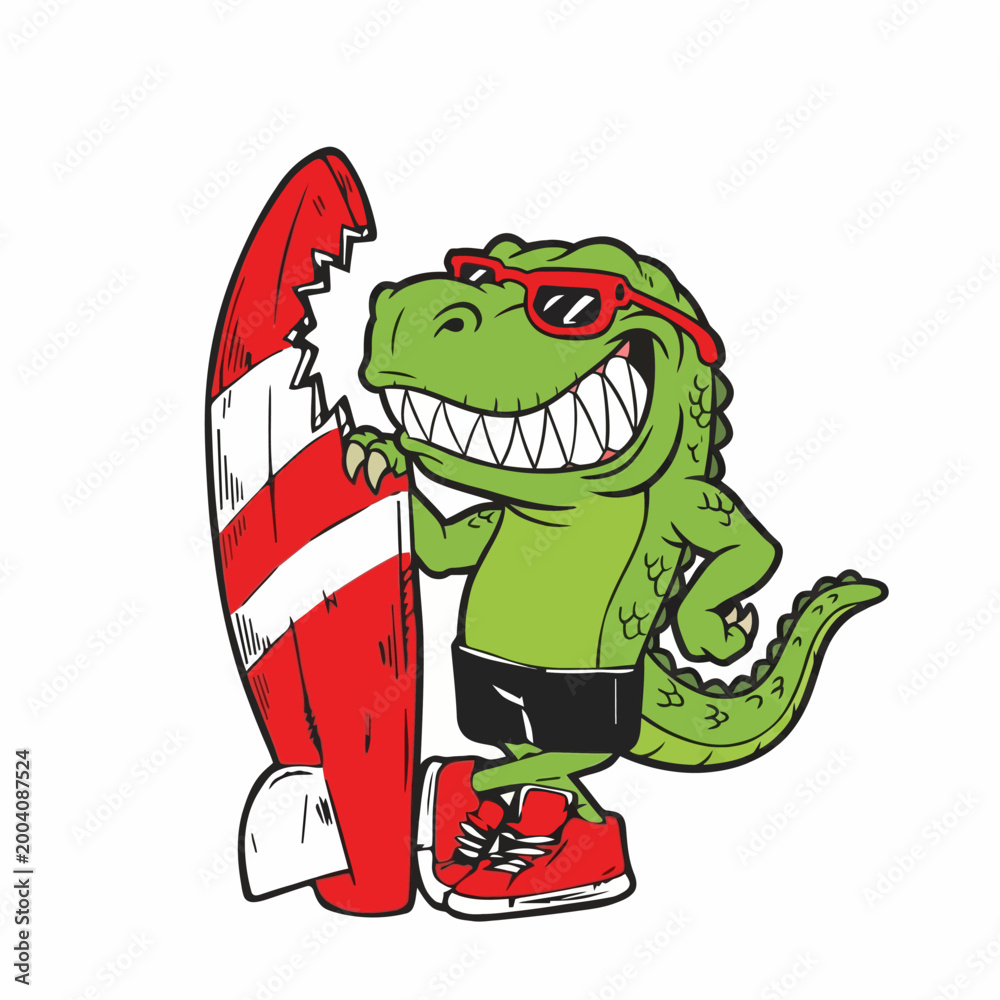 Obraz premium Green dinosaur with surfboard smiling.