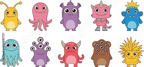 Cute Cartoon Monster Alien Character Vector Set Collection Funny Colorful Fantasy Creatures Isolated on White Background for Kids Halloween Design