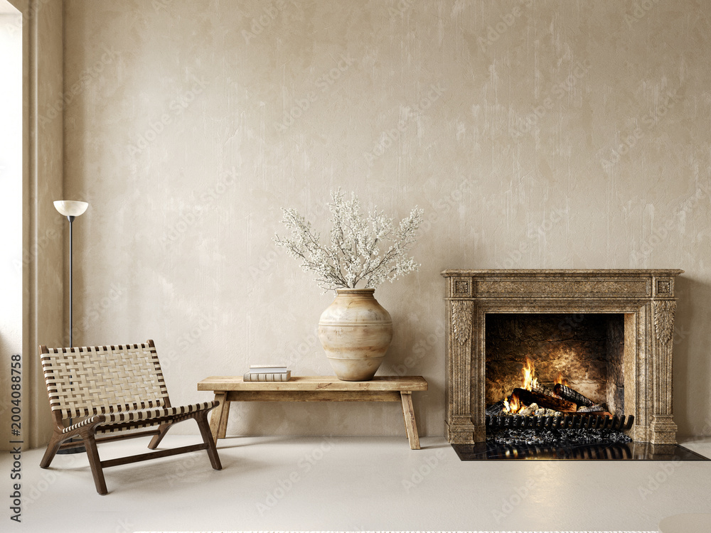 Fototapeta premium Classic loft beige interior with wood bench, vase, armchair, fireplace with fire and decor. 3d render illustration mockup.